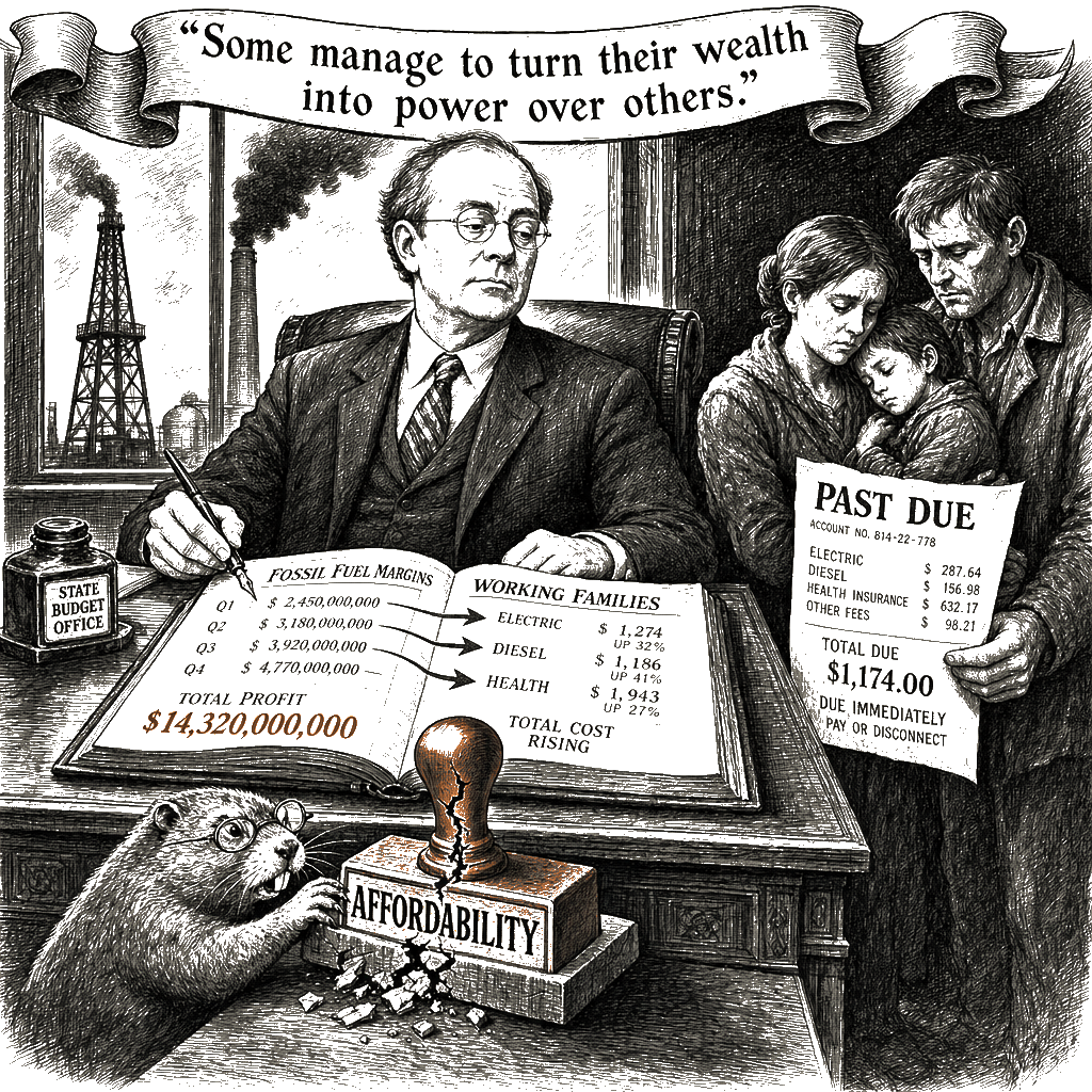 Editorial cartoon by Hector Rentier: Governors Are Robbing Working Families to Protect Fossil Fuel Margins