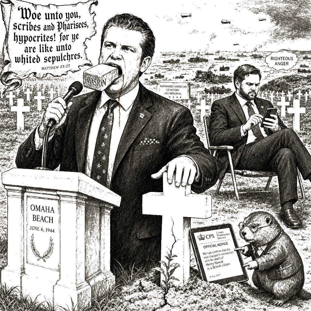 Editorial cartoon by Hector Rentier: Hegseth and Vance Used the Graves at Normandy to Dress Cruelty as Principle