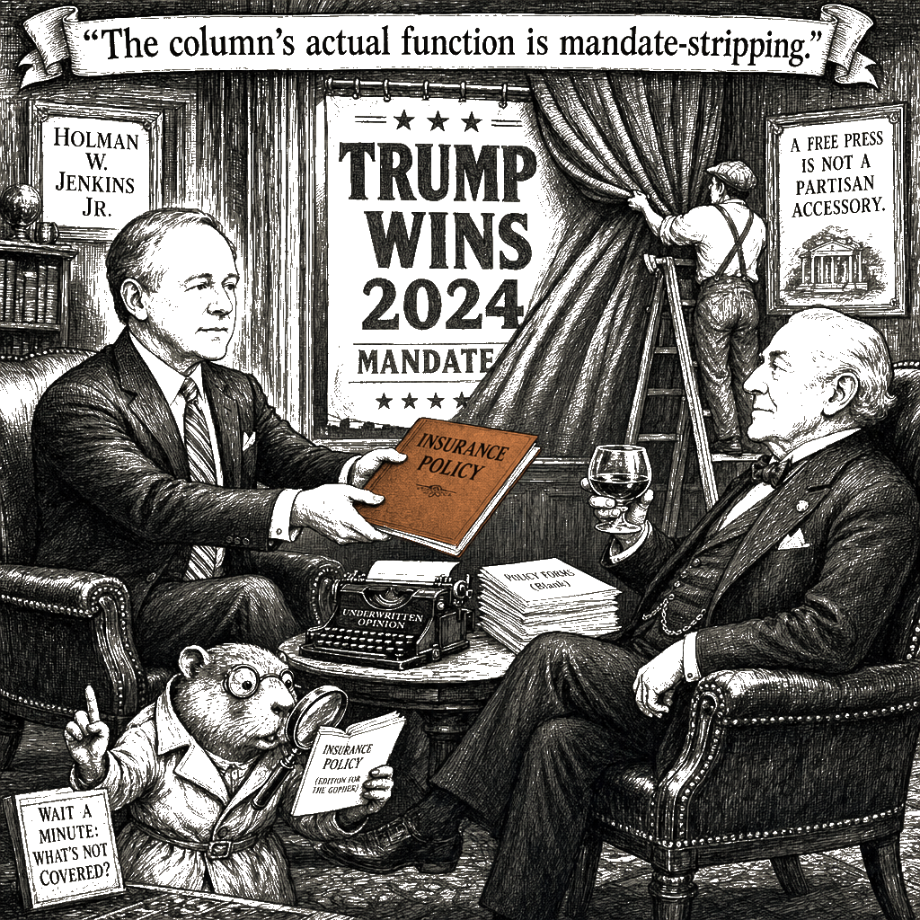 Editorial cartoon by Hector Rentier: Holman Jenkins Built a Conspiracy Theory and Called It a Column