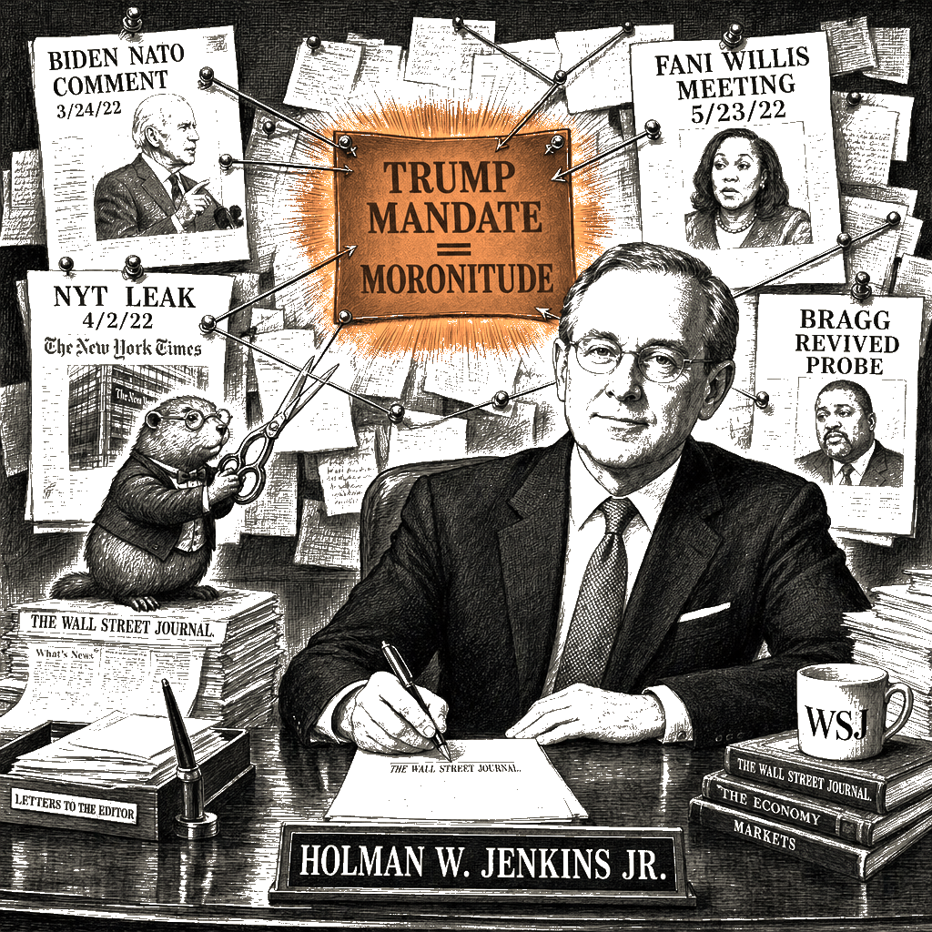 Editorial cartoon by Hector Rentier: Holman Jenkins Manufactures a Conspiracy to Deny Trump's Mandate. His Column Is the…