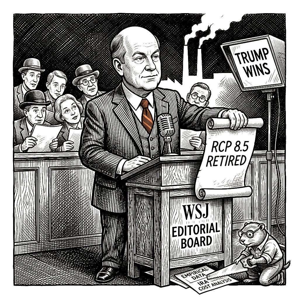 Editorial cartoon by Hector Rentier: Holman W. Jenkins Jr. Frames Routine Climate Model Update as Trump's Vindication