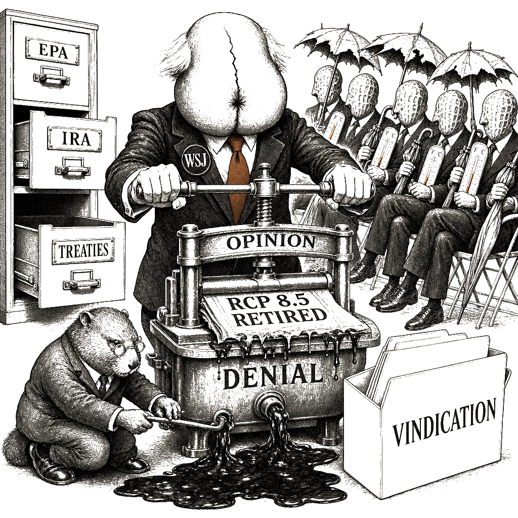 Editorial cartoon by Hector Rentier: How the Wall Street Journal Launders Climate Denial as Institutional Vindication