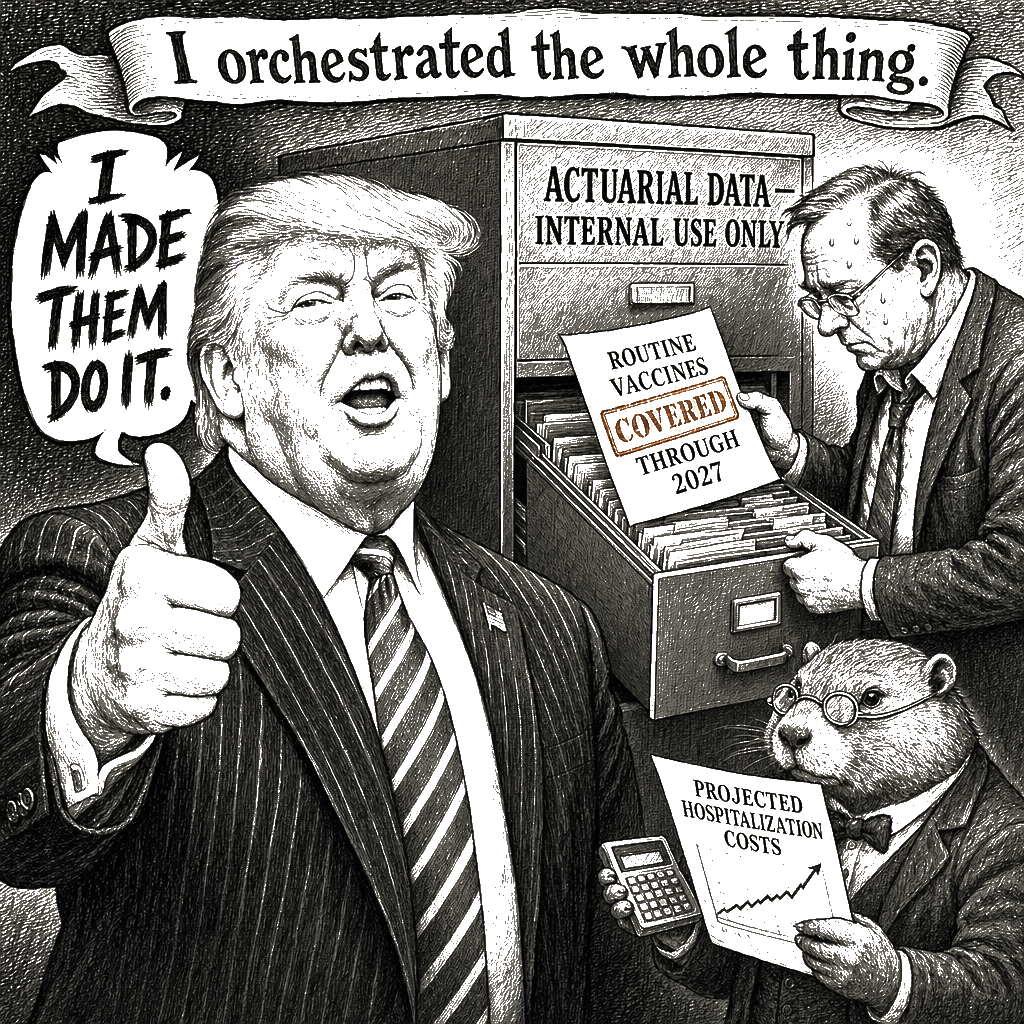 Editorial cartoon by Hector Rentier: Insurance companies announce they'll cover my vaccines — I tell them to, it's a…