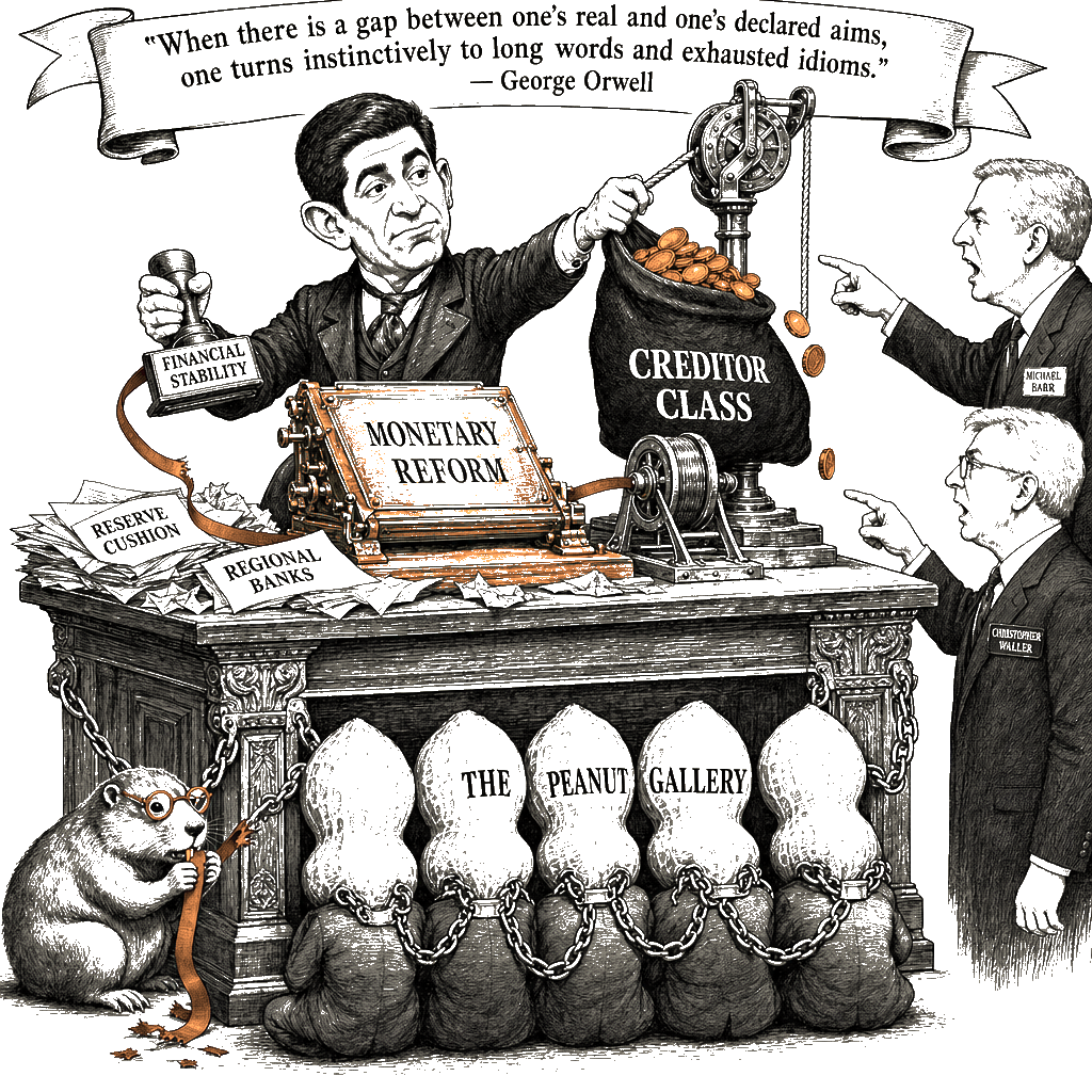 Editorial cartoon by Hector Rentier: Kevin Warsh's Public Guardians Sound the Alarm