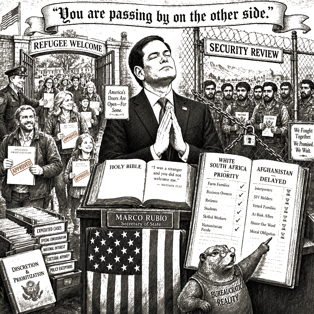 Editorial cartoon by Hector Rentier: Marco Rubio Is Betraying Afghan Allies for White South Africans