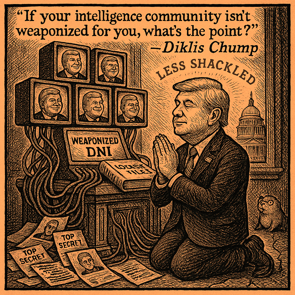 Editorial cartoon by Hector Rentier: My Tremendous Unshackled Move to Shrink the Bloated, Totally Unnecessary Intelligence…