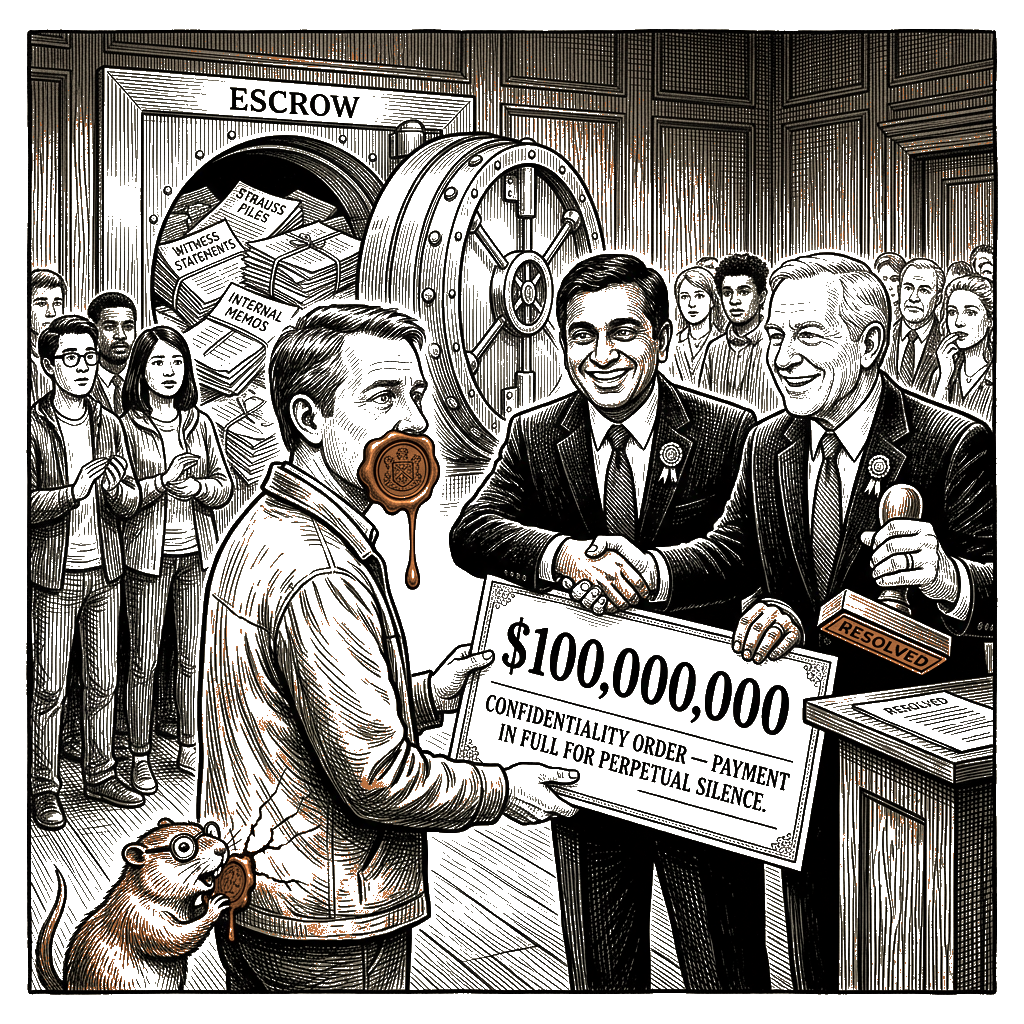 Editorial cartoon by Hector Rentier: Ohio State Paid $100M to Seal the Boys Under Court Secrecy