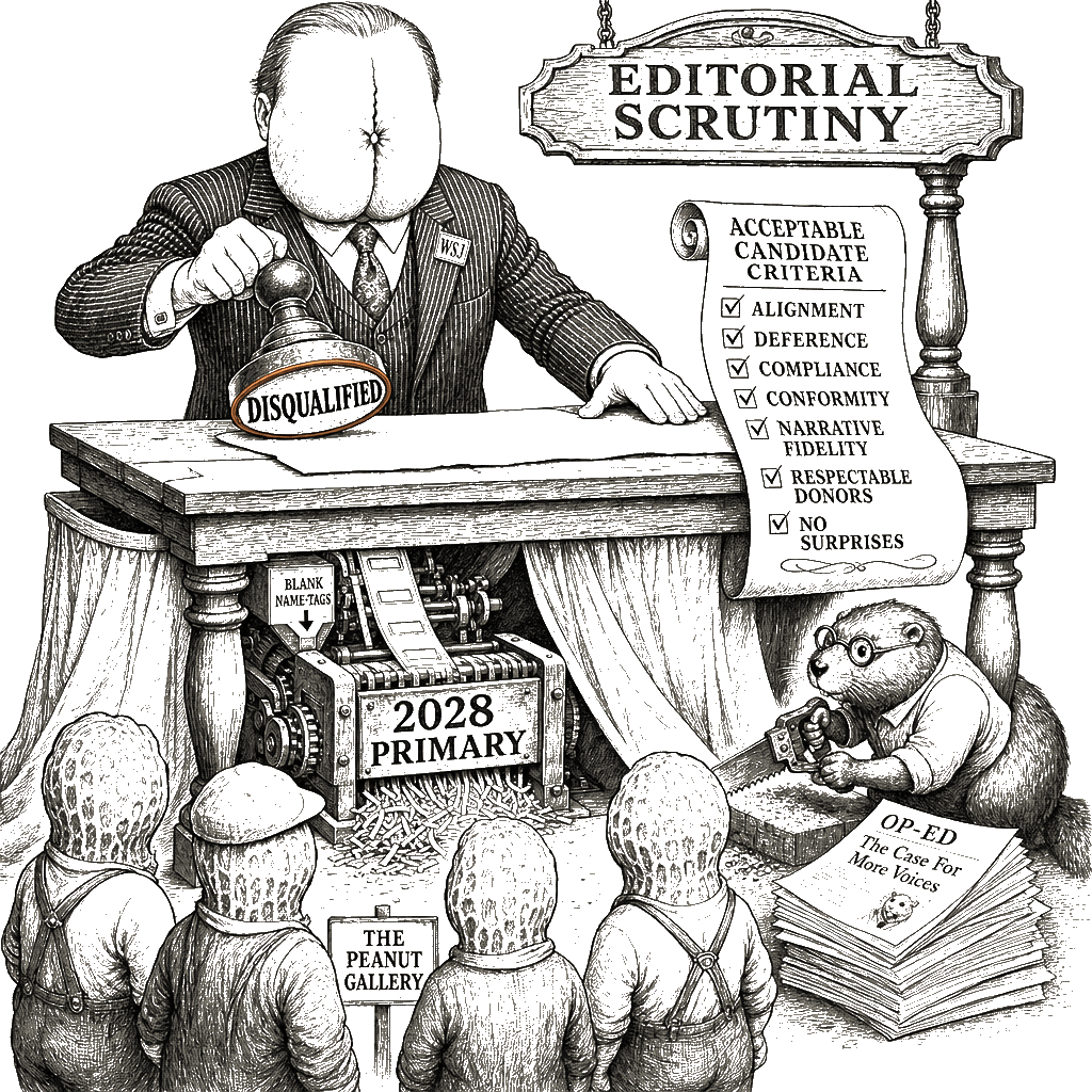Editorial cartoon by Hector Rentier: The Best of the Web’s 2028 Hit List: How a Propaganda Column Engineers a Democratic…