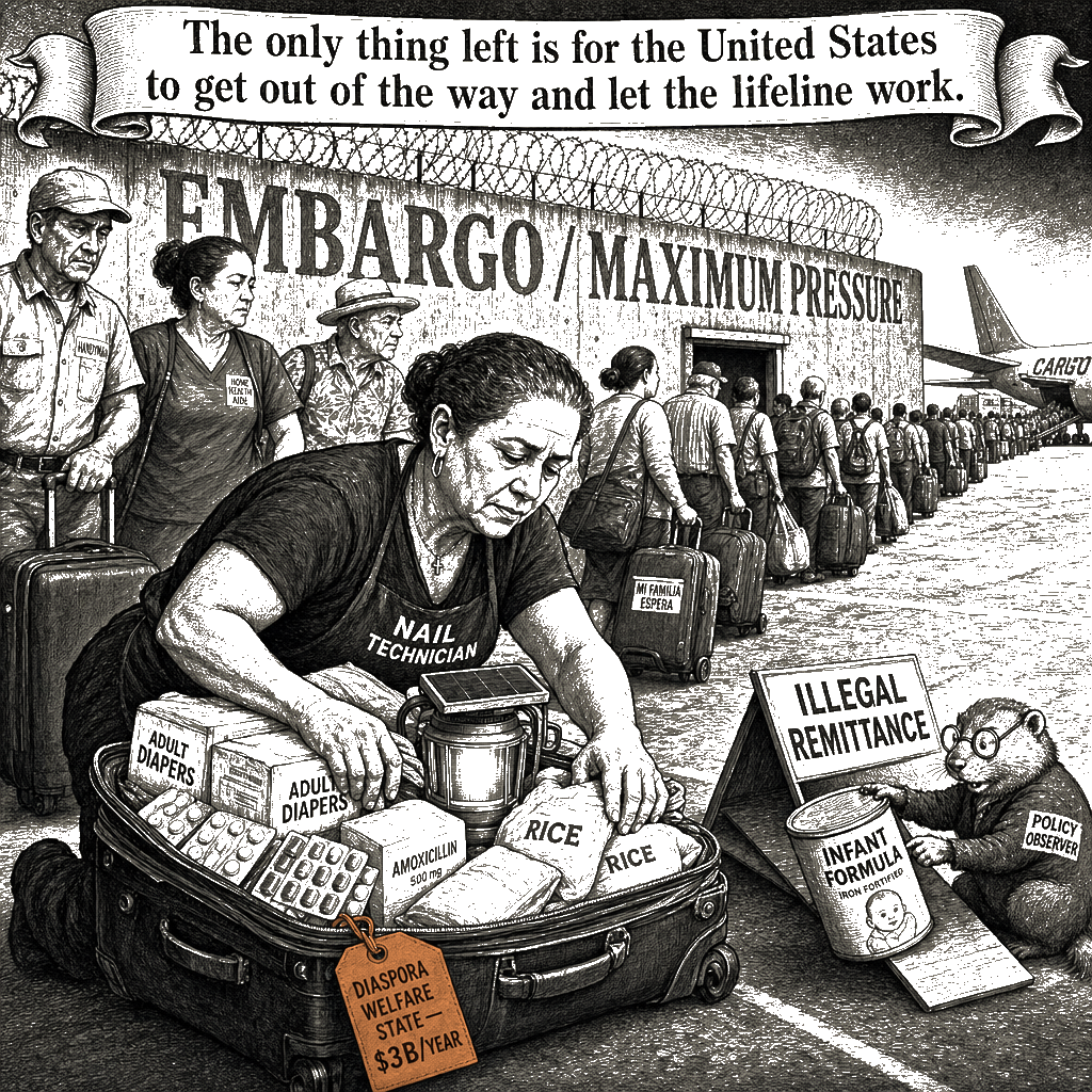 Editorial cartoon by Hector Rentier: The Diaspora, Not the Embargo, Is Keeping Havana Fed