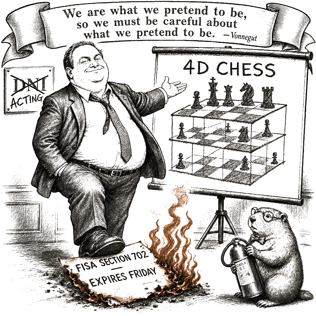 Editorial cartoon by Hector Rentier: The Fisa Expiration Is Exactly What I Wanted, Tremendous 4D-Chess Victory for the…