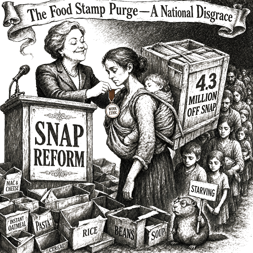 Editorial cartoon by Hector Rentier: The Food Stamp Purge—A National Disgrace