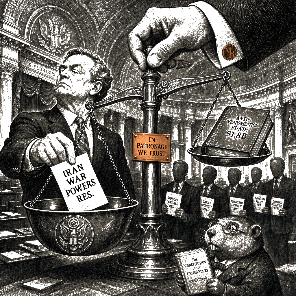Editorial cartoon by Hector Rentier: The GOP Congress Sells Its Oath for Presidential Patronage