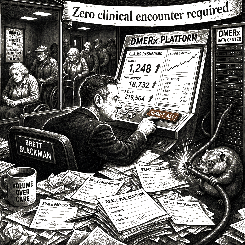Editorial cartoon by Hector Rentier: The HealthSplash Racket: Extracting a Billion Without Examining a Patient