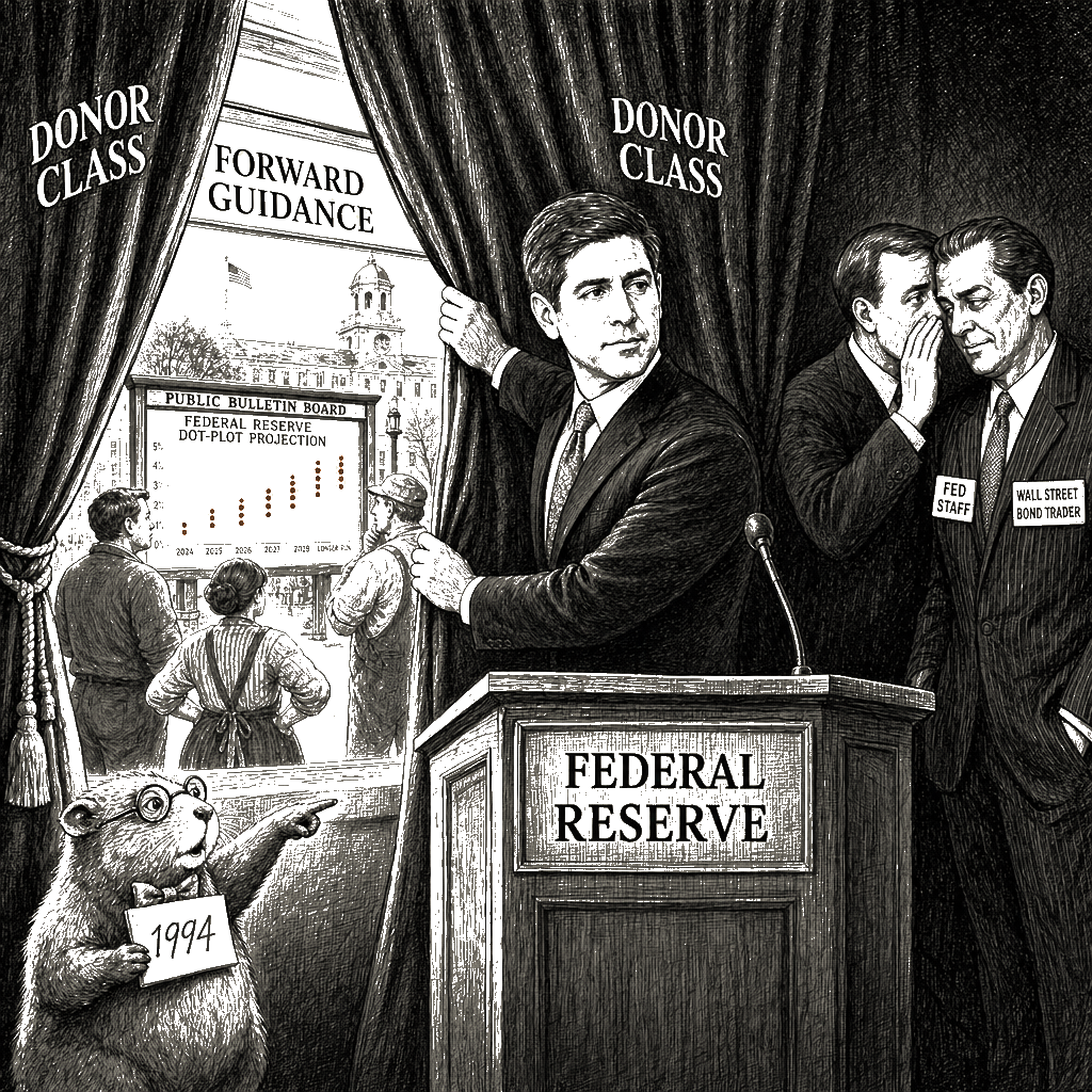 Editorial cartoon by Hector Rentier: The Kevin Warsh Blackout Begins at the Federal Reserve