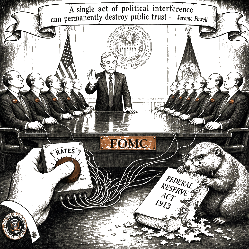 Editorial cartoon by Hector Rentier: The White House Is Breaking the Federal Reserve