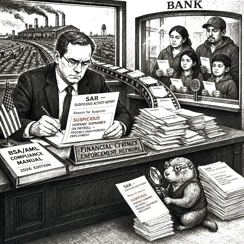 Editorial cartoon by Hector Rentier: Treasury Outsources Border Patrol To Bank Compliance Desks