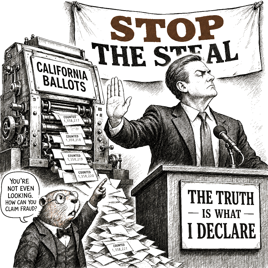 Editorial cartoon by Hector Rentier: TREMENDOUS ELECTION THEFT IN CALIFORNIA, A TOTAL DISASTER FOR ME, BELIEVE ME