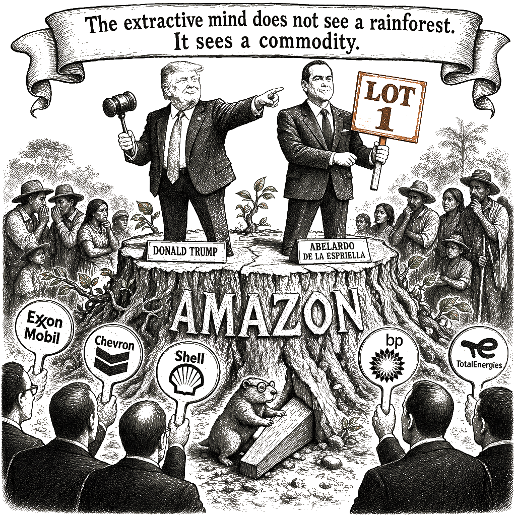 Editorial cartoon by Hector Rentier: Trump and De la Espriella Are Auctioning the Amazon