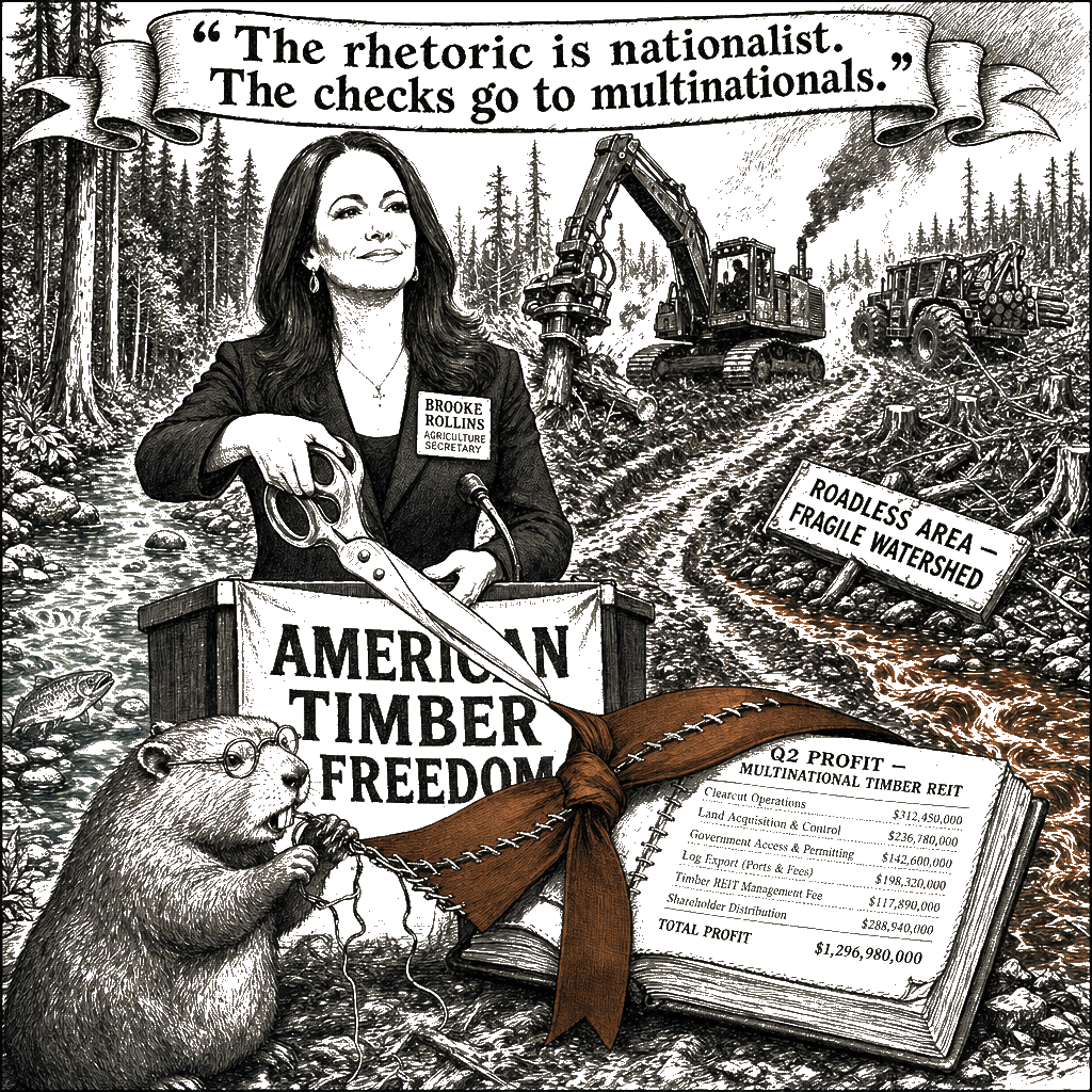 Editorial cartoon by Hector Rentier: Trump and Rollins Open Our Roadless Forests to Corporate Logging