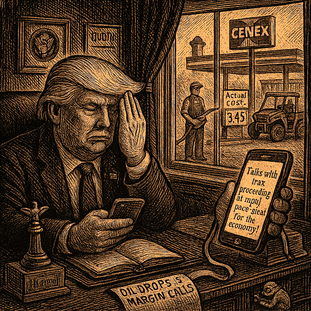 Editorial cartoon by Hector Rentier: Trump Is Breaking the Oil Market to Cover His Own Damage