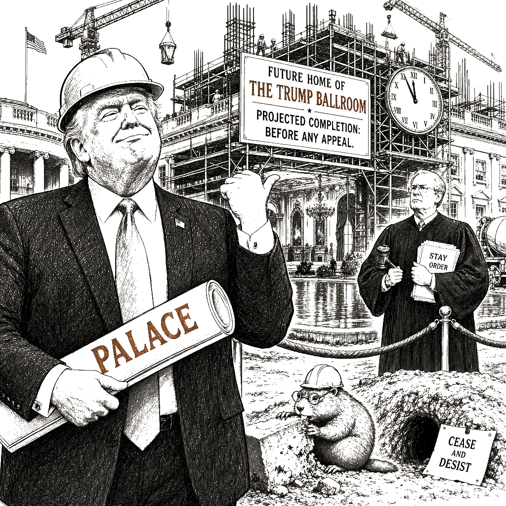 Editorial cartoon by Hector Rentier: Trump Is Building a Palace to Himself on Stolen Power