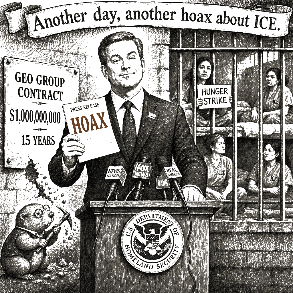 Editorial cartoon by Hector Rentier: Trump Is Starving and Beating Detainees and Calling It a Hoax