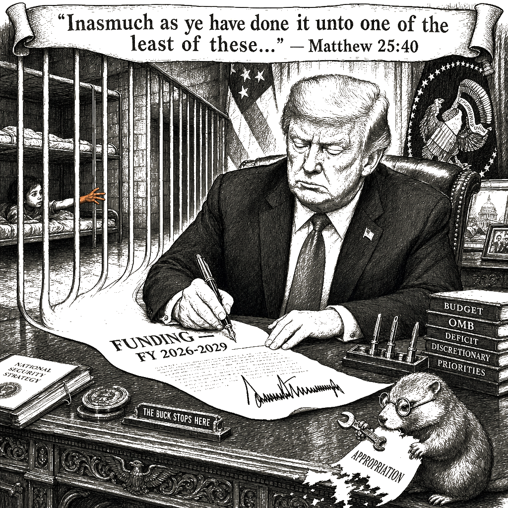 Editorial cartoon by Hector Rentier: Trump signs law funding mass family separations and indefinite detention through 2029