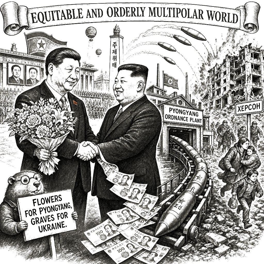 Editorial cartoon by Hector Rentier: Xi Jinping Is Funding the Slaughter of Ukrainian Civilians
